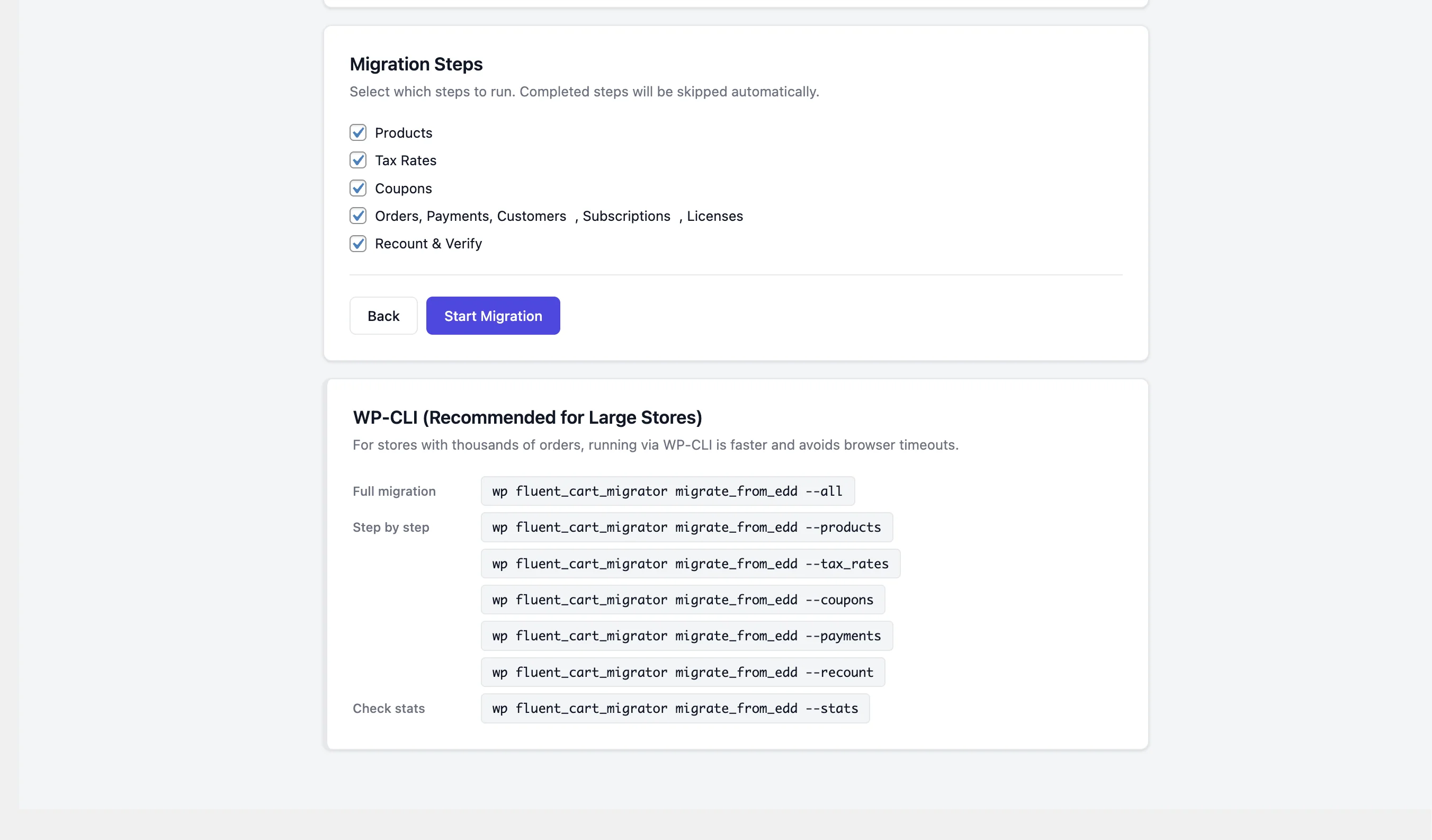 Migration steps with WP-CLI command panel below
