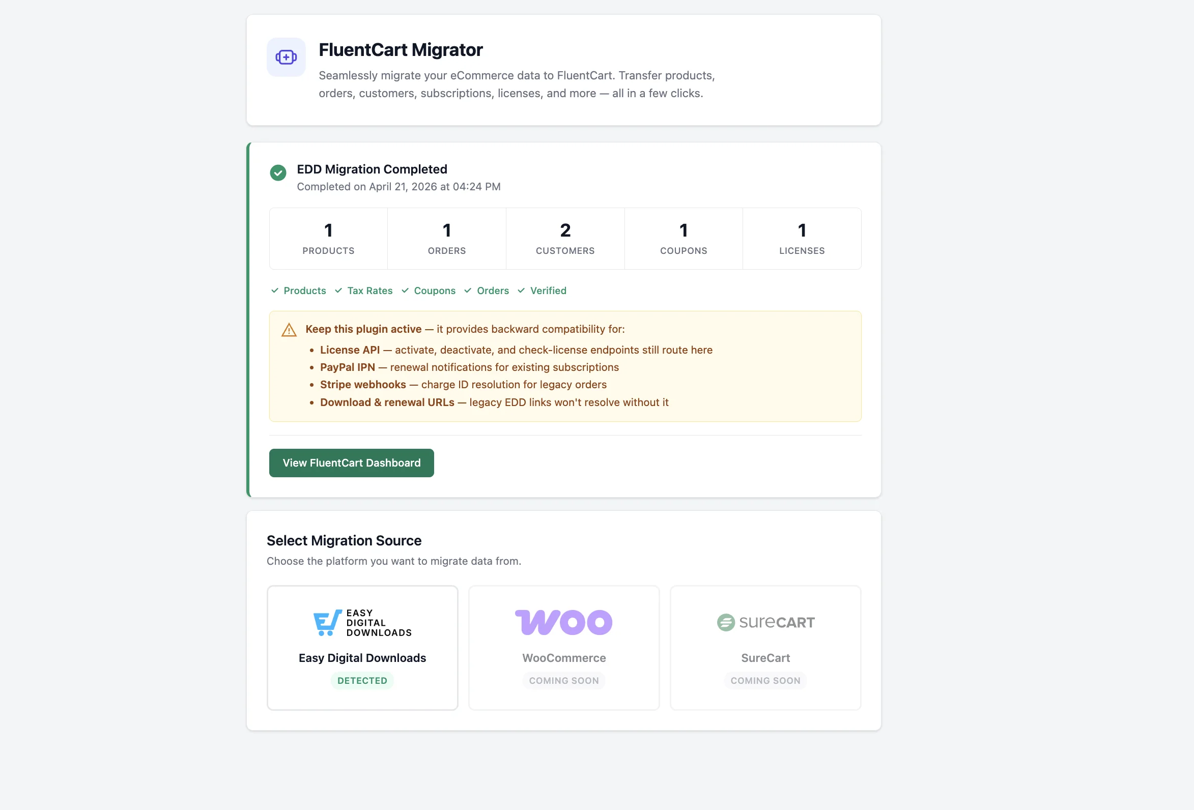 Completion screen showing the backward compatibility notice listing License API, PayPal IPN, Stripe webhooks, and download/renewal URLs
