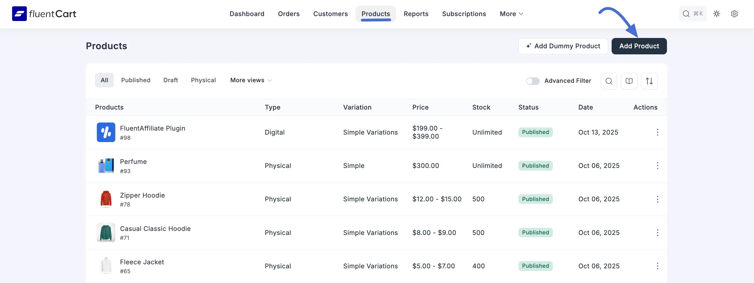 Screenshot of Add Product Button
