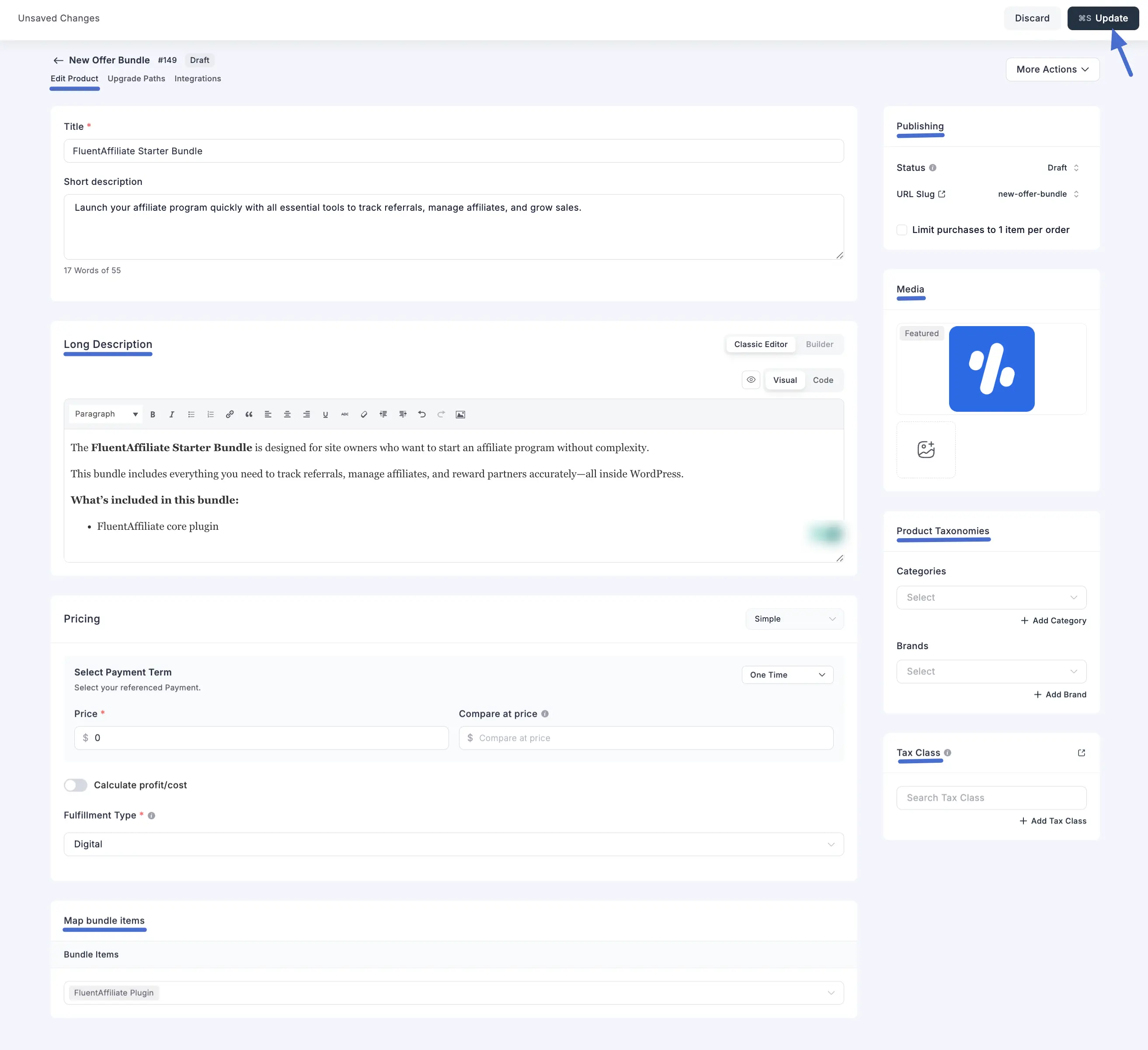 Screenshot of Product Edit Screen (Physical Product Example)