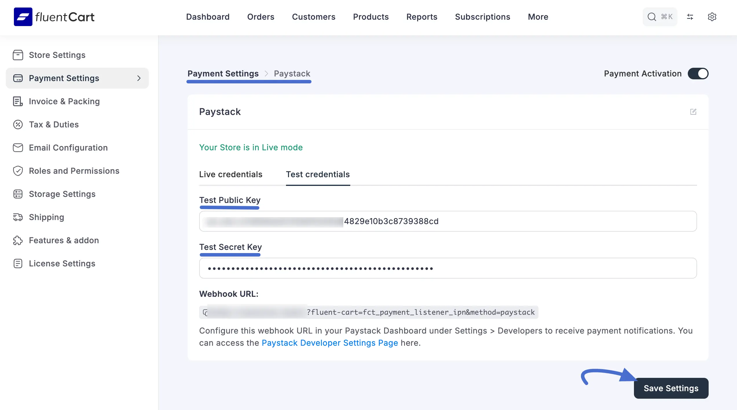 Finding API Keys and Webhook fields in the Paystack dashboard