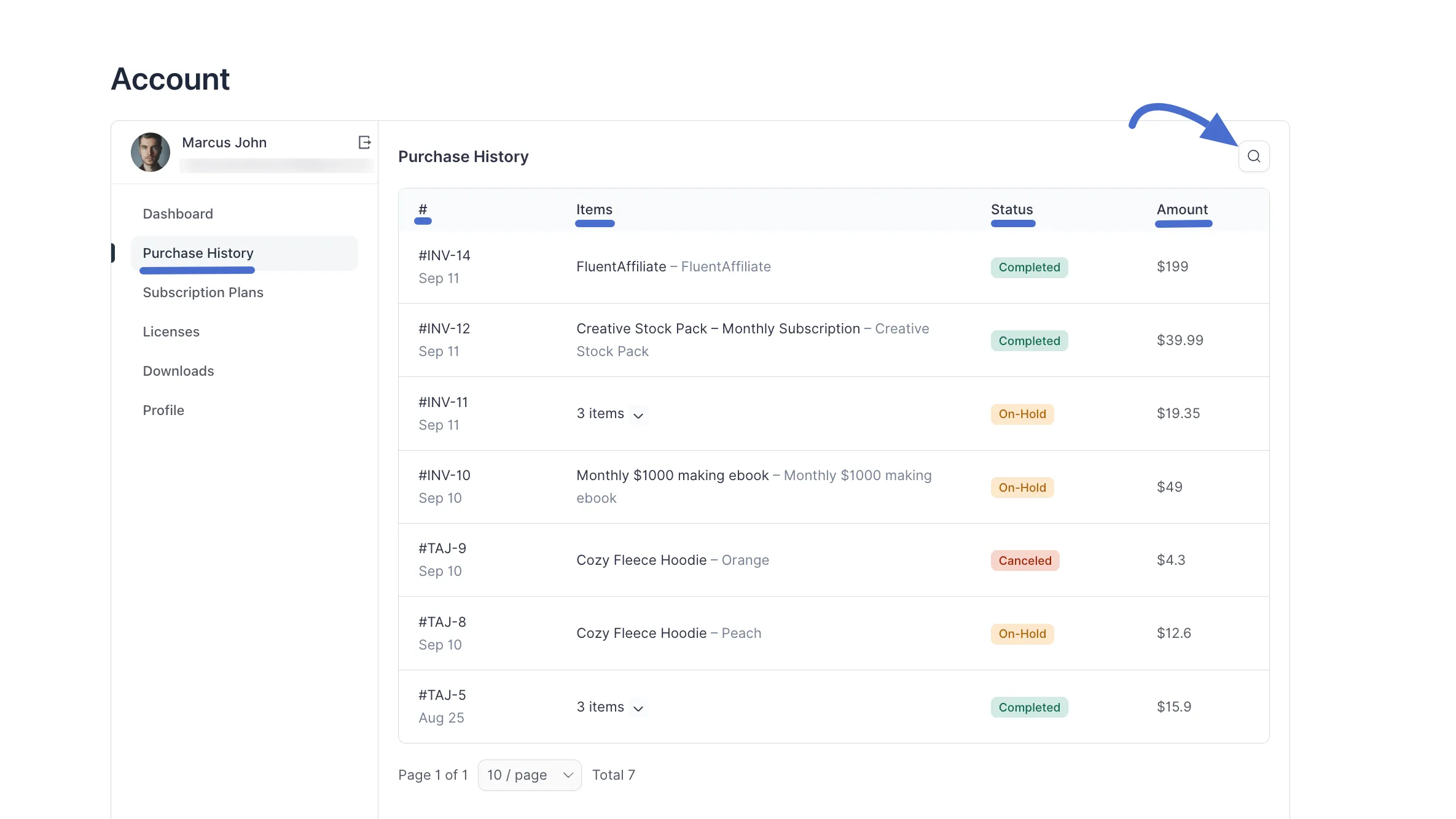 Screenshot of Purchase History
