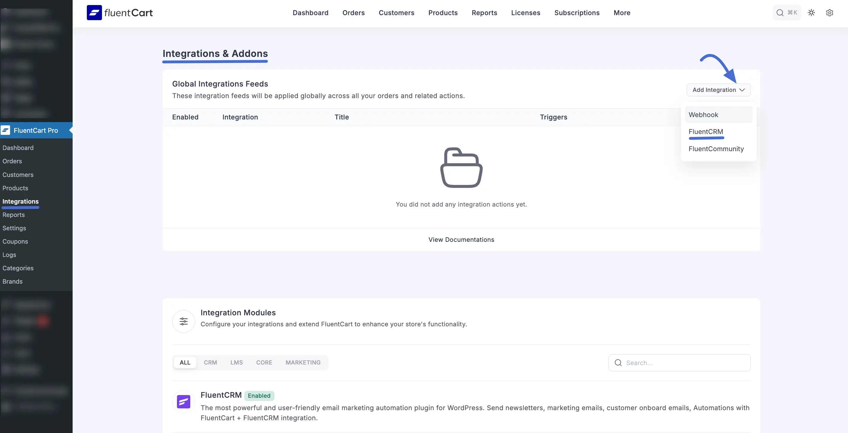 Screenshot of Fluentcrm Integration Page