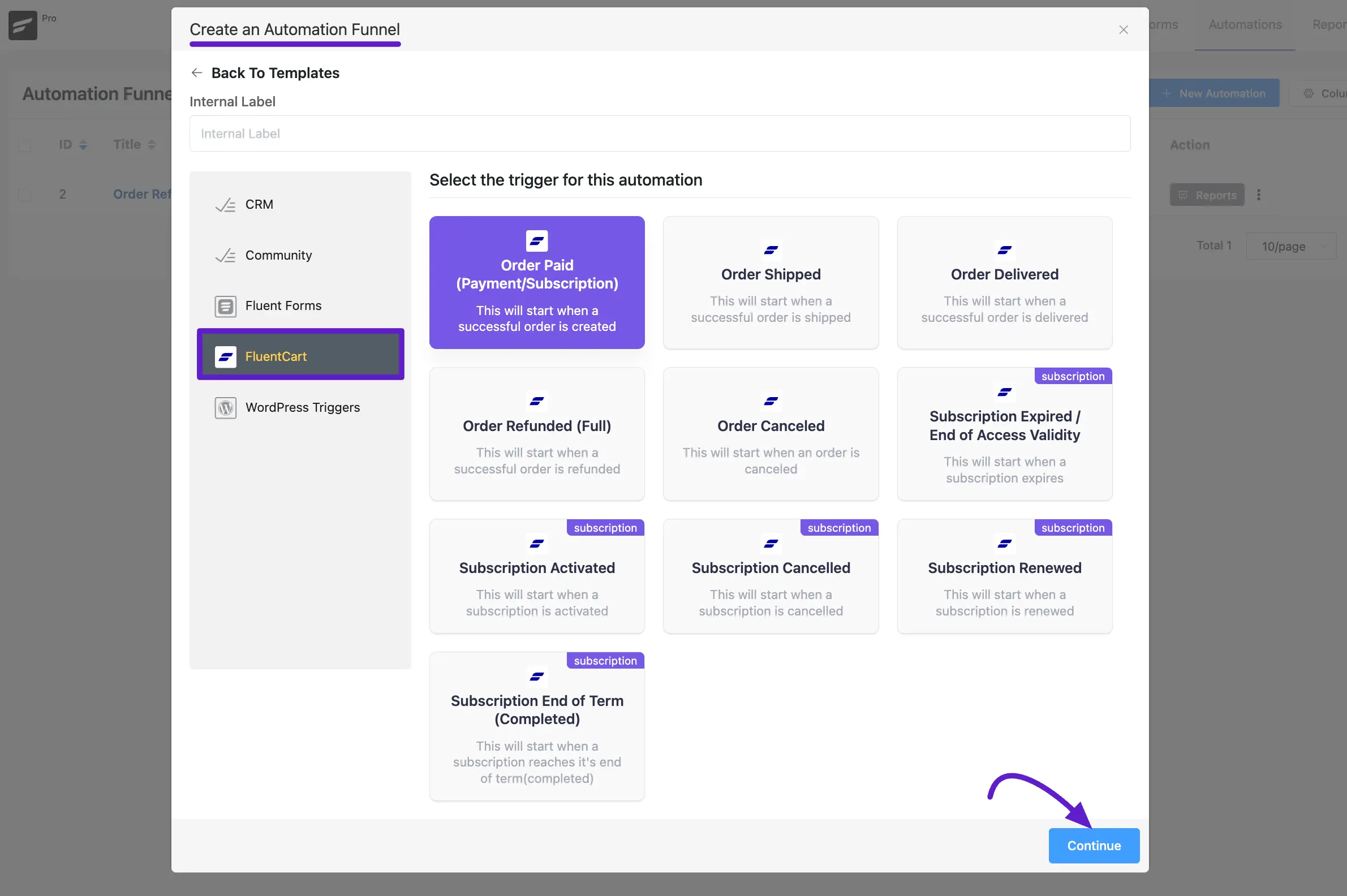 Screenshot of Fluentcrm Automation Trigger