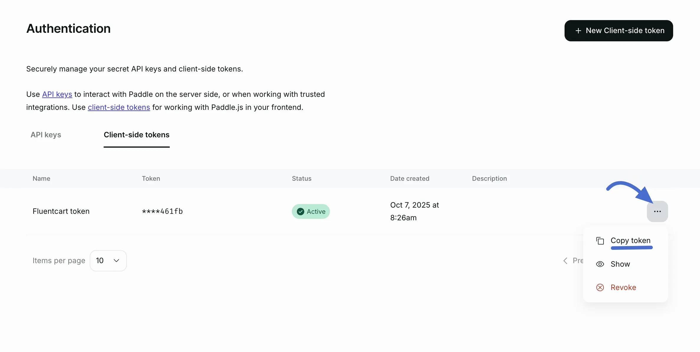 Screenshot of Copy Client Token/ Public Token