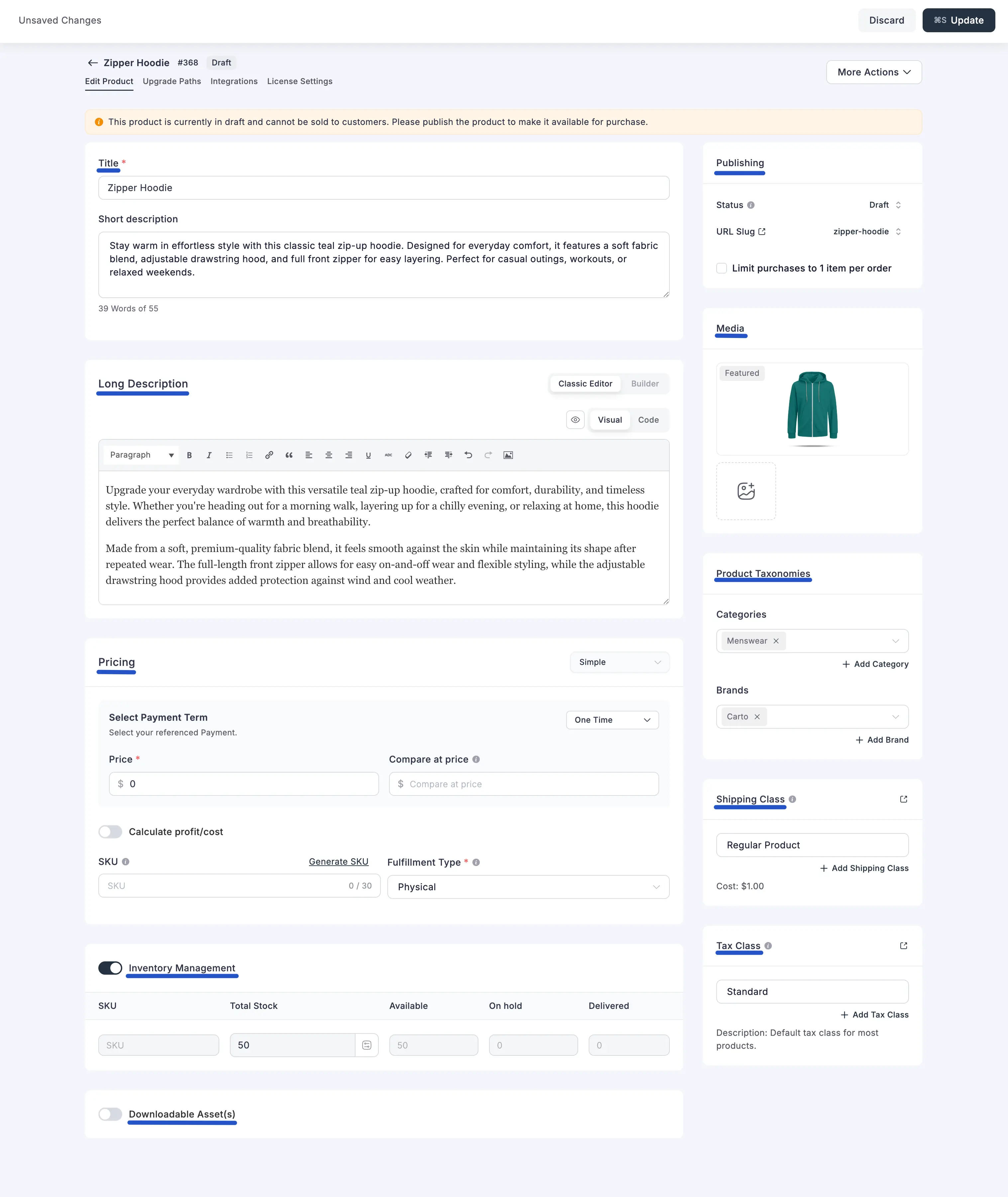 Screenshot of Product Edit Screen (Physical Product Example)