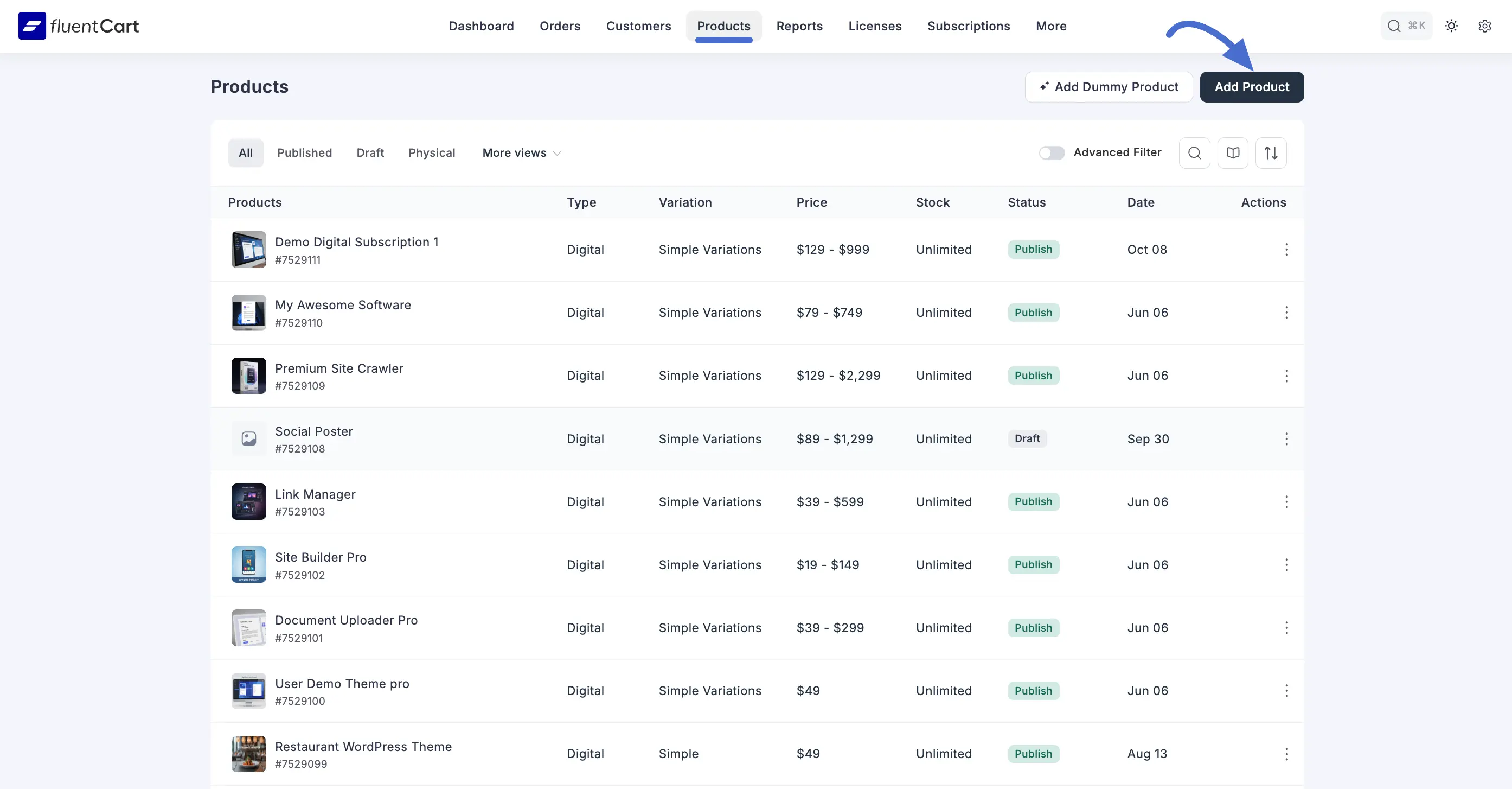 Screenshot of Add Product Button
