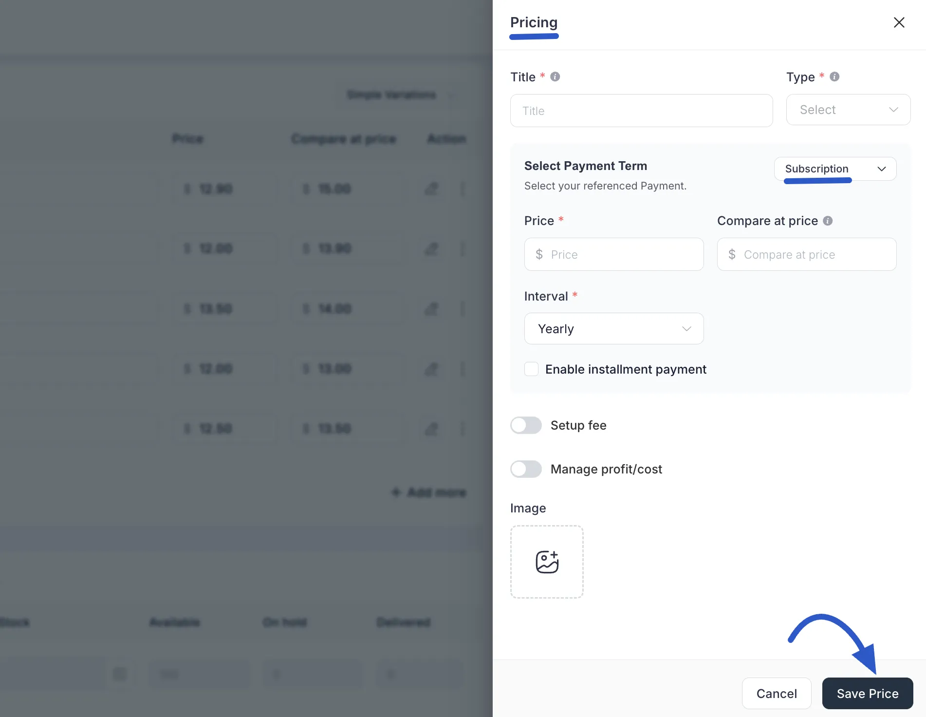 Screenshot of Product Types pricing Page