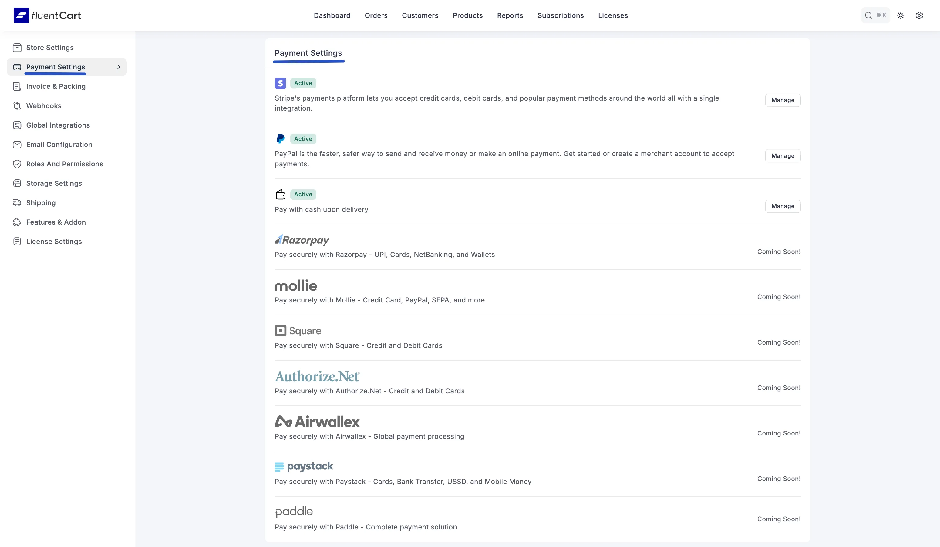 Screenshot of Payment Settings Tab