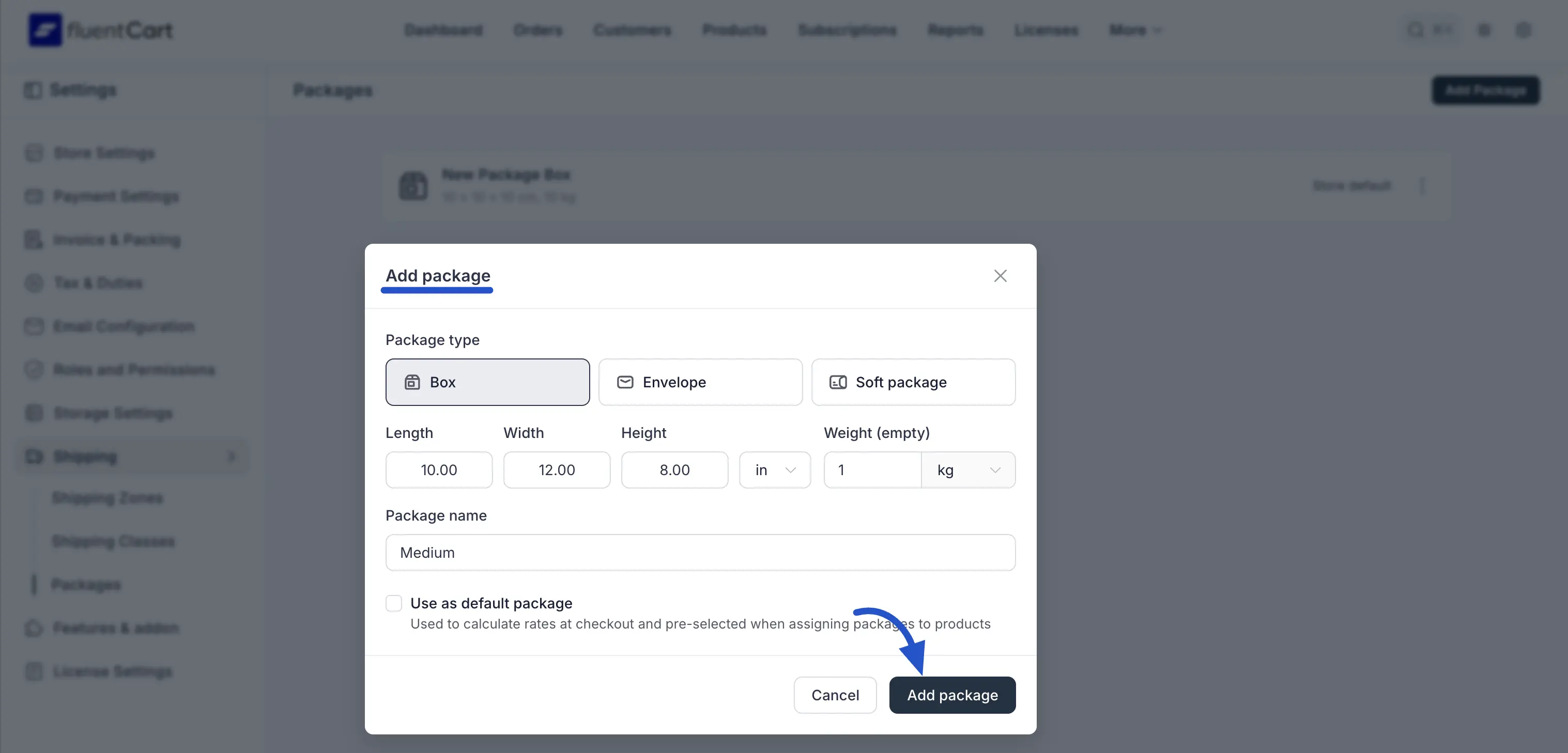Screenshot of Add Package modal