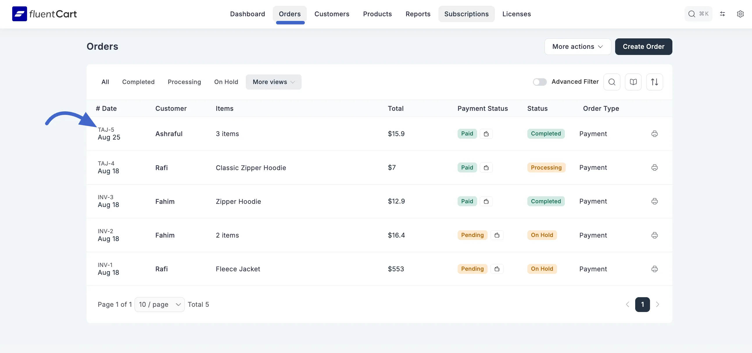 Screenshot of Order Details Page