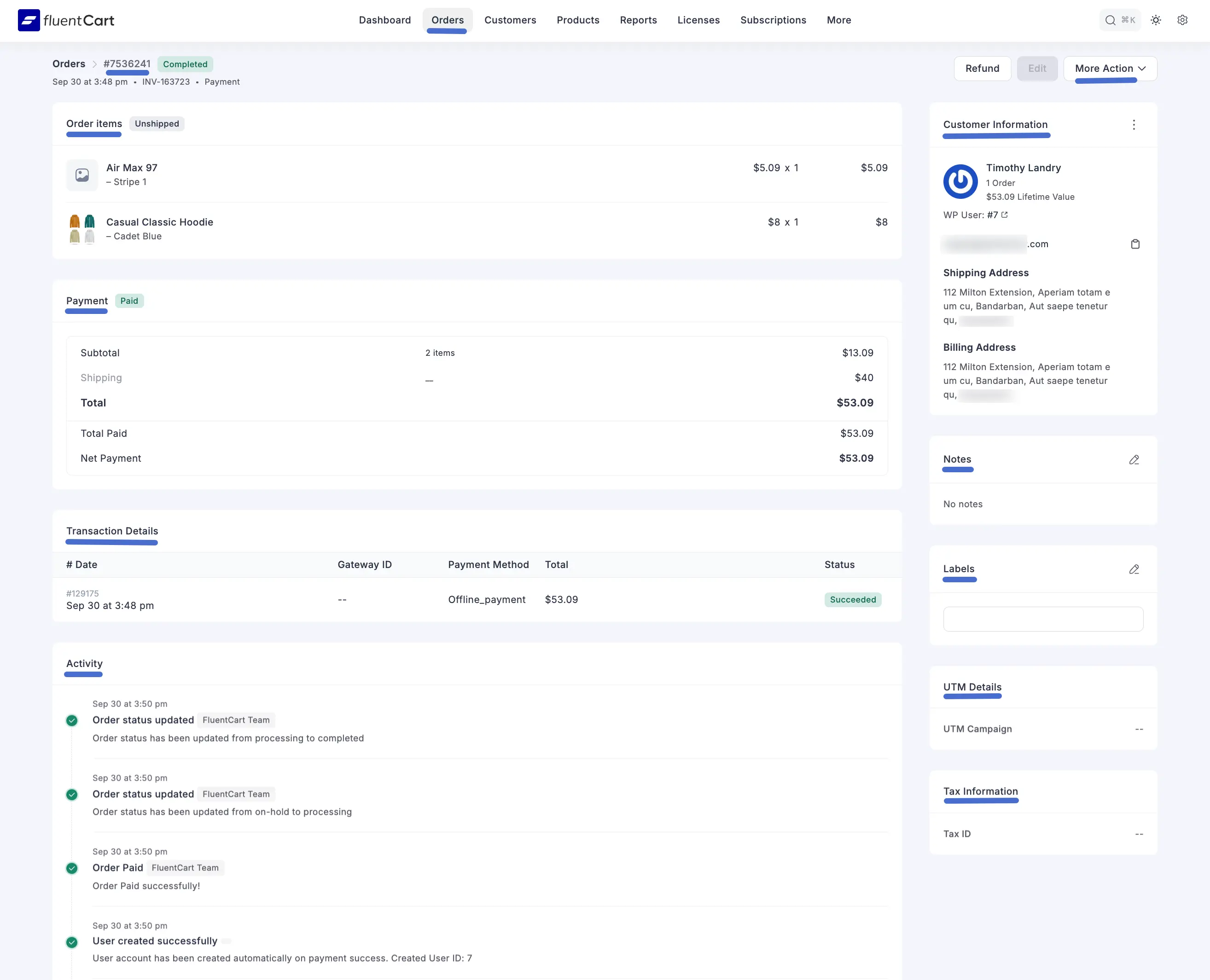 Screenshot of Order Details Page