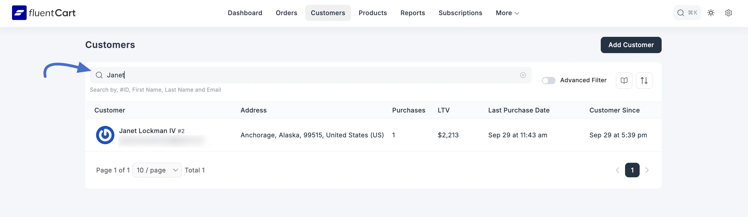 Screenshot of Customer Search Bar