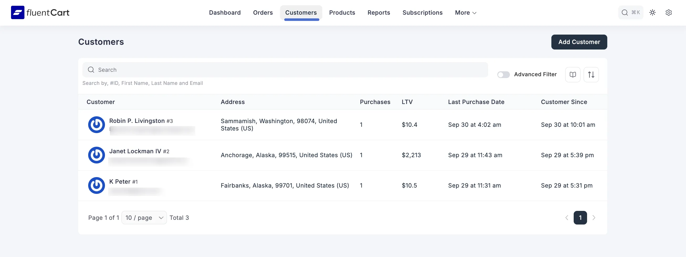Screenshot of Customers List Page